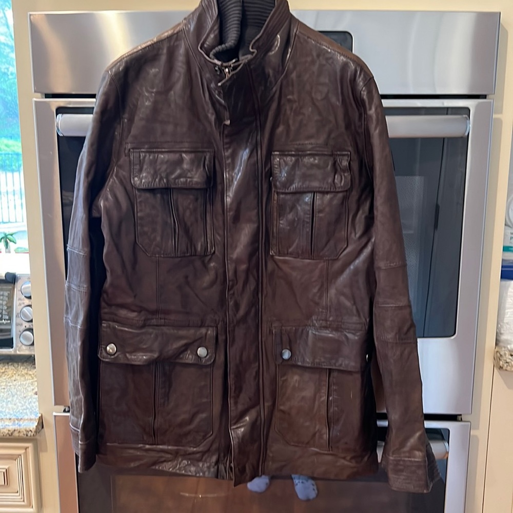 Hugo Boss mens brown leather jacket hardly worn